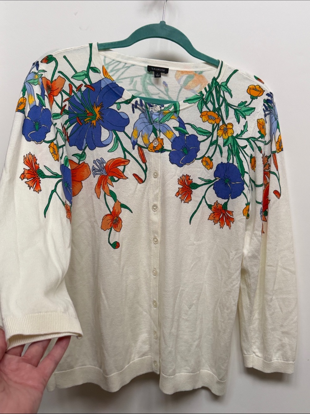 Talbots Ivory Floral Button-Front Cardigan with Blue & Orange Blooms